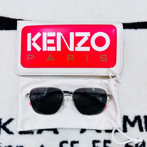 Kenzo KZ40165U 16A Silver Metal Frame Rectangular Aviator Red Tip Arms Sunglasse - Picture 1 of 9